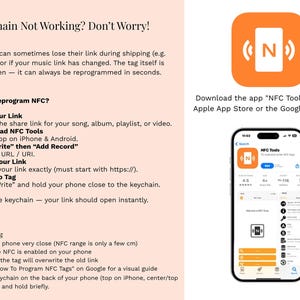 May include: An instructional guide for reprogramming an NFC keychain. The text explains how to use the NFC Tools app to write a new URL to the tag. It includes a step-by-step list, quick tips, and a visual of the NFC Tools app icon and interface.