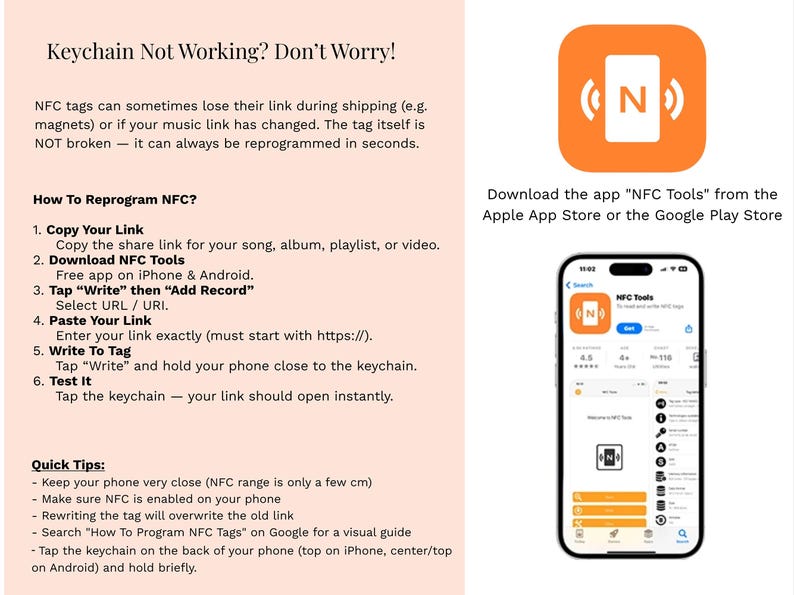 May include: An instructional guide for reprogramming an NFC keychain. The text explains how to use the NFC Tools app to write a new URL to the tag. It includes a step-by-step list, quick tips, and a visual of the NFC Tools app icon and interface.