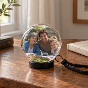 May include: A spherical glass paperweight featuring a printed photograph of an older woman, a man, and a young girl smiling together. The glass sphere is mounted on a circular black base and includes a black braided wrist strap attached to the side.
