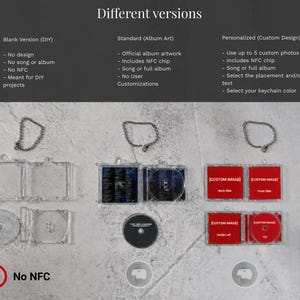 May include: Three keychain sets featuring miniature CD cases with metal chains. The blank version is clear plastic. The standard version includes album art and an NFC chip. The personalized version features red custom image placeholders.