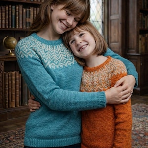 May include: Two people in a warm embrace, wearing knitted jumpers. One is teal with a white geometric pattern, the other is orange with a similar design. The background shows a library with bookshelves and a globe.