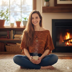 Può includere: Una donna con un poncho lavorato a maglia color ruggine e jeans blu è seduta a gambe incrociate su un tappeto bianco, tenendo in mano una tazza di caffè fumante. Un camino con fuoco acceso è sullo sfondo, creando un'atmosfera accogliente. È visibile una collana decorativa.