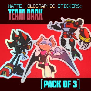 Könnte beinhalten: Matte holografische Aufkleber mit Charakteren aus der Team Dark-Serie. Die Aufkleber zeigen Shadow the Hedgehog, Rouge the Bat und einen Robotercharakter. Der Text "TEAM DARK" und "PACK OF 3" sind ebenfalls sichtbar.