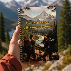May include: A spiral-bound notebook titled Trails & Tales: A Hiking Logbook. The cover features a scenic mountain landscape with two hikers wearing backpacks and carrying trekking poles, overlooking a river valley surrounded by pine trees.