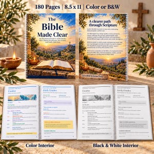 May include: A spiral-bound book titled The Bible Made Clear, featuring 180 pages measuring 8.5 x 11 inches. The cover displays a landscape with an open Bible, while the interior pages show Exodus study guides in color and black and white.