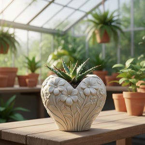 Puede incluir: Una maceta de cerámica en forma de corazón, de color blanco roto, con diseños florales en relieve, que contiene una planta suculenta verde. La maceta está sobre una mesa de madera en un invernadero, rodeada de otras plantas en maceta.