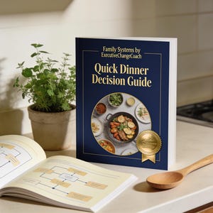 May include: A dark blue book titled Quick Dinner Decision Guide by ExecutiveChangeCoach with a circular food image on the cover and a gold seal. An open book with flowcharts and a wooden spoon are placed next to the upright book.
