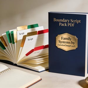 Può includere: Un libro blu scuro intitolato Boundary Script Pack PDF con un'etichetta dorata che riporta la scritta Family Systems by ExecutiveChangeCoach. Accanto, un libro aperto mostra pagine a righe con schede verdi, rosse e dorate etichettate Script.