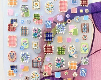 Patchwork Nail Stickers, Embroidery Style Floral Plaid, Cottagecore Design