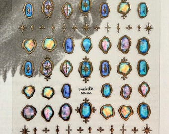 Embossed Faux Opal Nail Stickers, Vintage Gold Frame Jewelry Decals, Celestial Nail Art