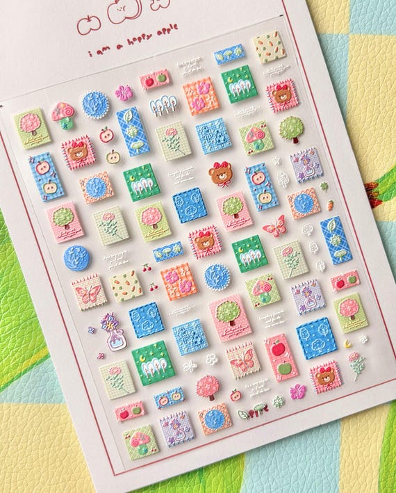 Embossed Patchwork Nail Stickers, Coquette Style Forest Plaid, Sweet Animal Design Decals