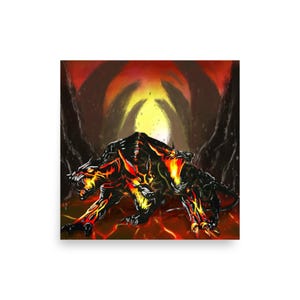 May include: A print of a three-headed creature with fiery red and yellow accents, set against a backdrop of a fiery cave. The artwork features a detailed illustration of the mythical beast, with a dark body and glowing details.
