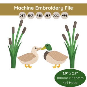 May include: Machine embroidery file featuring two ducks facing each other, with green cattails on either side. The ducks have tan bodies, yellow feet, and the male duck has a green head. The text reads "Machine Embroidery File".