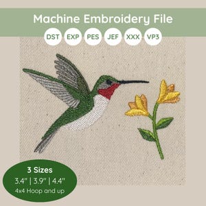 May include: Machine embroidery file featuring a hummingbird with green, red, and white details, alongside yellow flowers. The design includes text indicating three sizes: 3.4", 3.9", and 4.4", suitable for a 4x4 hoop and up.