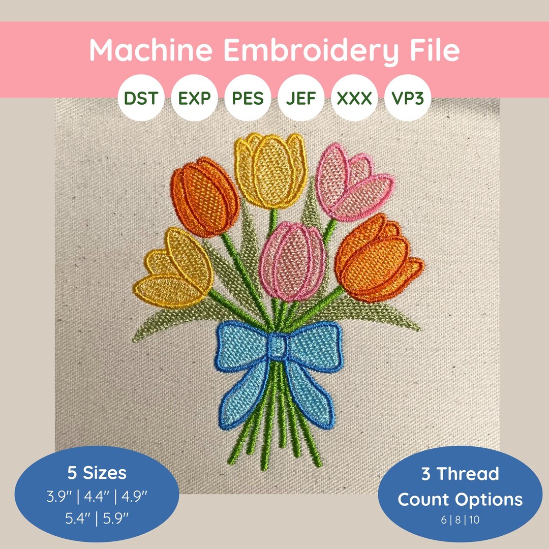 Tulip Bouquet With Bow | Machine Embroidery Design File (instant ...