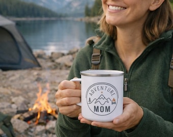 Adventure Mom Coffee Mug, Rustic Enamel Cup, Mountain Design, Gift for Outdoor Moms