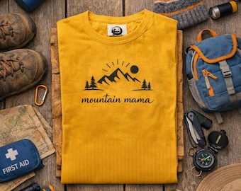 Mountain Mama Hiking T Shirt, Womens Outdoor Shirt, Family Adventure, Yellow Nature Tee