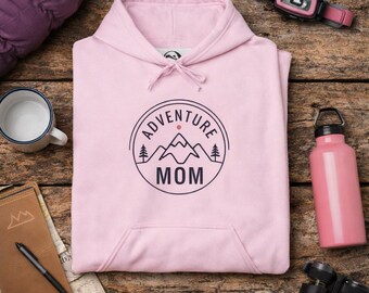 Adventure Mom Hoodie, Pink Mountain Sweatshirt, Minimalist Outdoor Design,  Gift for Nature-Loving Moms