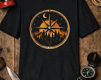 Night Forest Compass T-Shirt | Vintage Moonlit Adventure Graphic Tee, Gift for Hikers & Explorers – Unisex