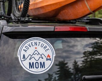Adventure Mom Outdoor Sticker, Waterproof Decal for Kayak, Car, or Camper, Mountain & Campfire Desig