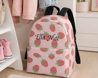 Aardbeiroze gepersonaliseerde kinderrugzak, op maat gemaakte schoollunchtas voor kinderen, rugzak voor peuters en kleuters, rugzak met naam, cadeau voor jongens en meisjes