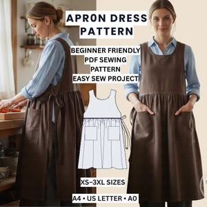 ラップエプロンドレス型紙PDF、エプロンドレス縫製パターン、和風ピナフォア型紙、初心者向け簡単縫製パターン（XS～3XL）