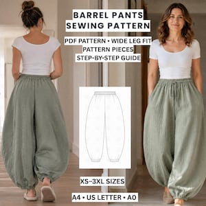 Può includere: Un cartamodello digitale per pantaloni a botte con vestibilità ampia, inclusa una guida passo dopo passo, pezzi del cartamodello e taglie XS-3XL. Il testo recita: BARREL PANTS SEWING PATTERN, PDF PATTERN, WIDE LEG FIT, PATTERN PIECES, STEP-BY-STEP GUIDE.