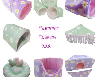 Weiche Fleece-Sommer-Gänseblümchen-Kollektion, Tunnel, Kuschelbecher, Kuschelsack, Meerschweinchenbett, Kleintierversteck, Donut, Kissen