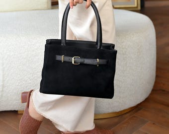 Minimalist Suede Belted Tote Bag | Structured Top Handle Handbag for Work and Travel
