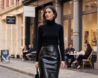 Gonna in pelle nera con stampa coccodrillo / Abbigliamento da ufficio elegante / Regalo in vera pelle fatto a mano per lei