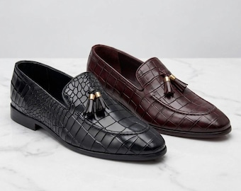 ハンドメイド メンズ ブラック クロコダイル タッセル ローファー | 高級エキゾチック クロコ型押しレザー スリッポン ドレスシューズ