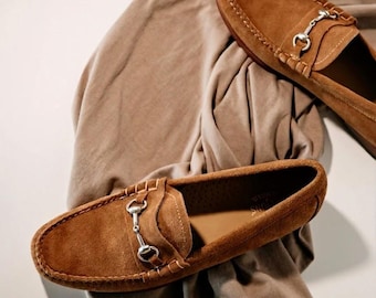 Handmade Brown Suede Horsebit Moccasin Loafers with Silver Hardware