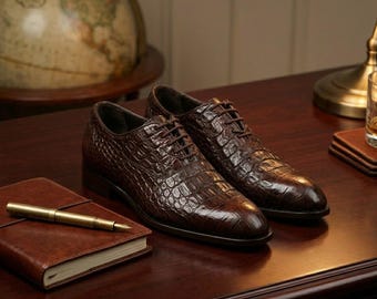 Mens Brown Crocodile Embossed Leather Dress Shoes | Handmade Alligator Pattern Oxford, Formal Groomsmen Shoes