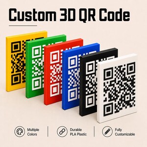 May include: A row of colorful 3D QR codes in yellow, green, red, blue, black, and white. Each code has a unique black and white pattern. The image includes the text "Custom 3D QR Code", "Multiple Colors", "Durable PLA Plastic", and "Fully Customizable".