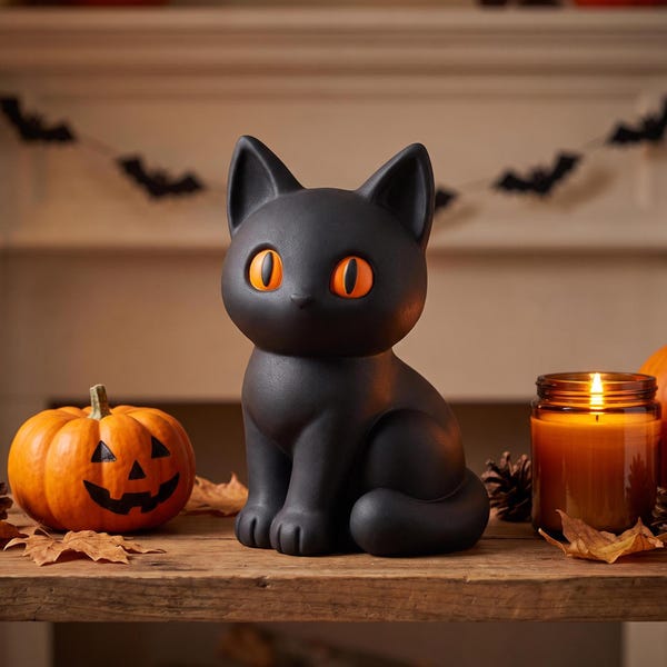 Cute Black Cat Halloween Decor | 5-Inch Spooky Cat Figurine | Orange Eyes