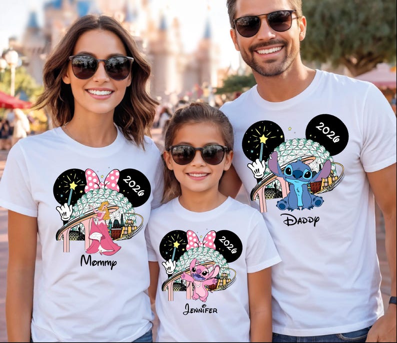May include: White t-shirts with Disney-themed graphics. One shirt features Stitch, the other features Angel, and the third features Princess Aurora. Each shirt has a Mickey Mouse head design with the year 2026.