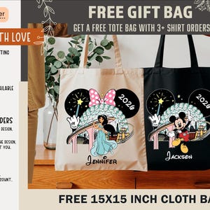 May include: Tote bags in beige and black, featuring Disney character designs. The beige bag has a princess design, and the black bag has a Mickey Mouse design. Both bags have the year 2026 printed on them. The bags are labeled "Jennifer" and "Jackson".