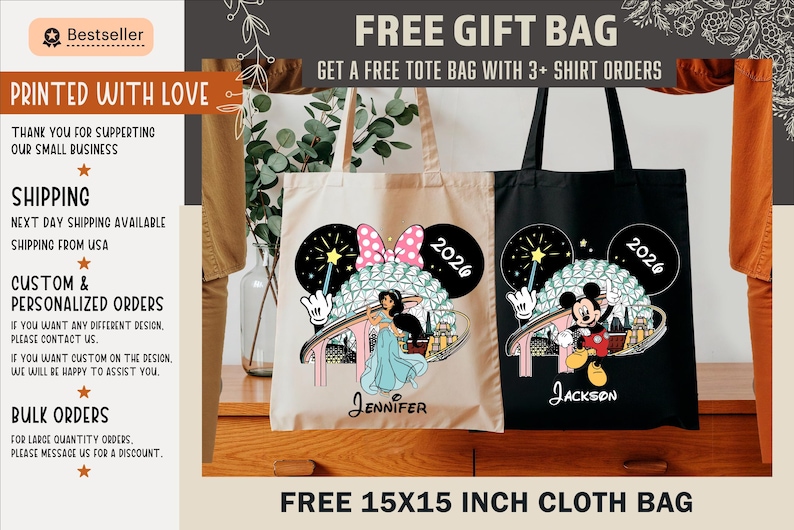 May include: Tote bags in beige and black, featuring Disney character designs. The beige bag has a princess design, and the black bag has a Mickey Mouse design. Both bags have the year 2026 printed on them. The bags are labeled "Jennifer" and "Jackson".