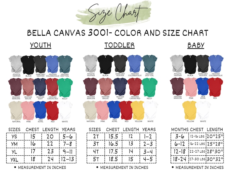 May include: A Bella Canvas 3001 color and size chart for youth, toddler, and baby apparel. The chart includes chest and length measurements in inches for various sizes, along with corresponding age ranges. The chart also shows the available colors.