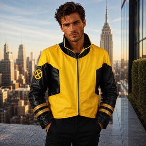 May include: A yellow and black leather jacket featuring a high collar, a full-length front zipper, and a circular yellow and black X-Men logo patch on the right sleeve. The sleeves have two horizontal gold stripes near the cuffs.