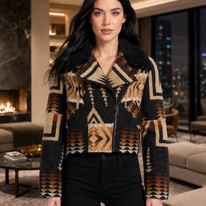 Handmade Dutton Ranch Beth Dutton Kelly Reilly Aztec Pattern Wool Aviator Jacket - Shearling Collar