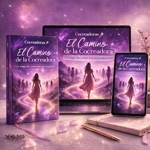 Puede incluir: Un libro, un portátil y una tableta muestran la portada de "El Camino de la Cocreadora". La portada presenta a una mujer con un vestido rosa caminando sobre un camino brillante, con un fondo púrpura y estrellado. El texto "Cocreadoras" está en la parte superior.