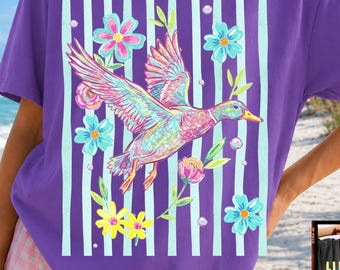 Duck Striped Design, Preppy Duck Png, Coastal Summer Animal Graphic, Boutique Png, Flying Mallard Duck (Sublimation Download)