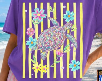 Striped Turtle PNG, Preppy Sea Turtle Png, Retro Summer Png, Summer Beach Png, Preppy Leopard Floral Hibiscus Design, Boutique Style Shirt