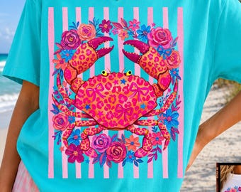 Preppy Summer Crab PNG, Leopard Floral Trending Stripes PNG, Coastal Nautical Shirt Design, Girly Summer Png, Boutique Png, Funny Beach Png