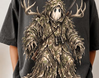 Ciervo fantasma de Halloween PNG: Diseño de ciervo con camuflaje espeluznante para la temporada de caza, diseño vintage de caza de Halloween, descarga digital para amantes de la naturaleza en otoño PNG
