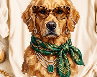 Glam Golden Retriever PNG, Boujee Dog Shirt Design, Bling Fashion Pet Lover Sublimation, Leopard Animal Mascot Png, Boutique Shirt PNG