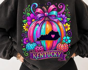 Kentucky Pumpkin PNG, Kentucky Fall, Neon Fall Sublimation, Coquette Pumpkin Bow Shirt Design, Autumn Png Designs Girly, Pink Coquette Fall