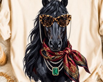 Glam Horse PNG, Boujee Horse Design, Bling Fashion Black Horse Sublimation, Luxury Mascot Graphic, Trendy Farm Animal, Boutique Shirt PNG