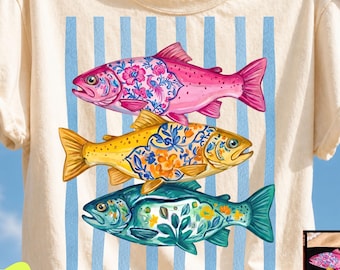 PNG de pez preppy a rayas, PNG de pincelada floral neón, PNG floral, PNG de viaje de pesca de verano, PNG caprichoso, PNG femenino de moda, PNG de días de lago,
